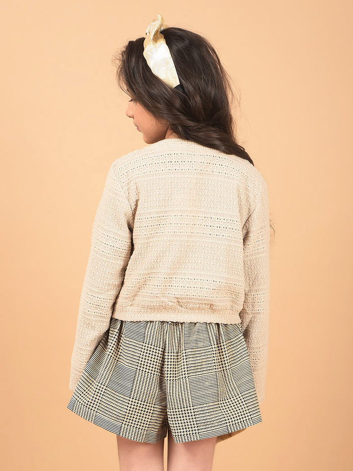 Beige Printed Crop Length Tie-Up Neck Top-Girls Tops-Crimsoune Club