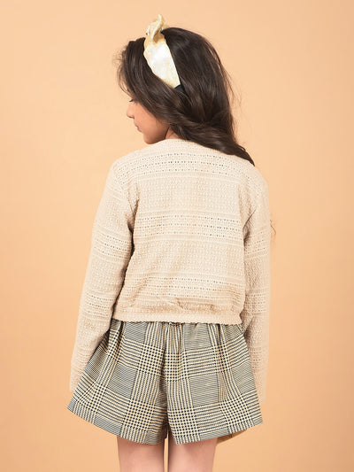 Beige Printed Crop Length Tie-Up Neck Top-Girls Tops-Crimsoune Club
