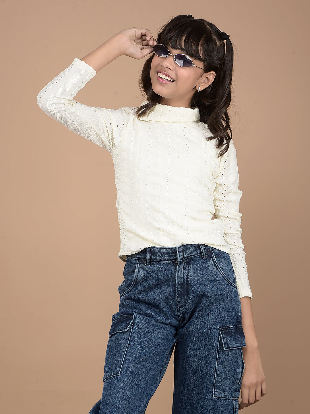 White Embroidered High Neck Top-Girls Tops-Crimsoune Club
