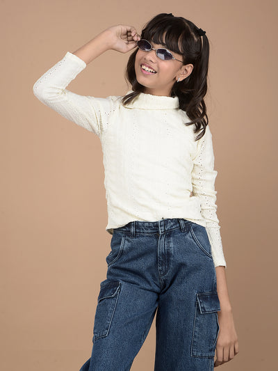 White Embroidered High Neck Top-Girls Tops-Crimsoune Club