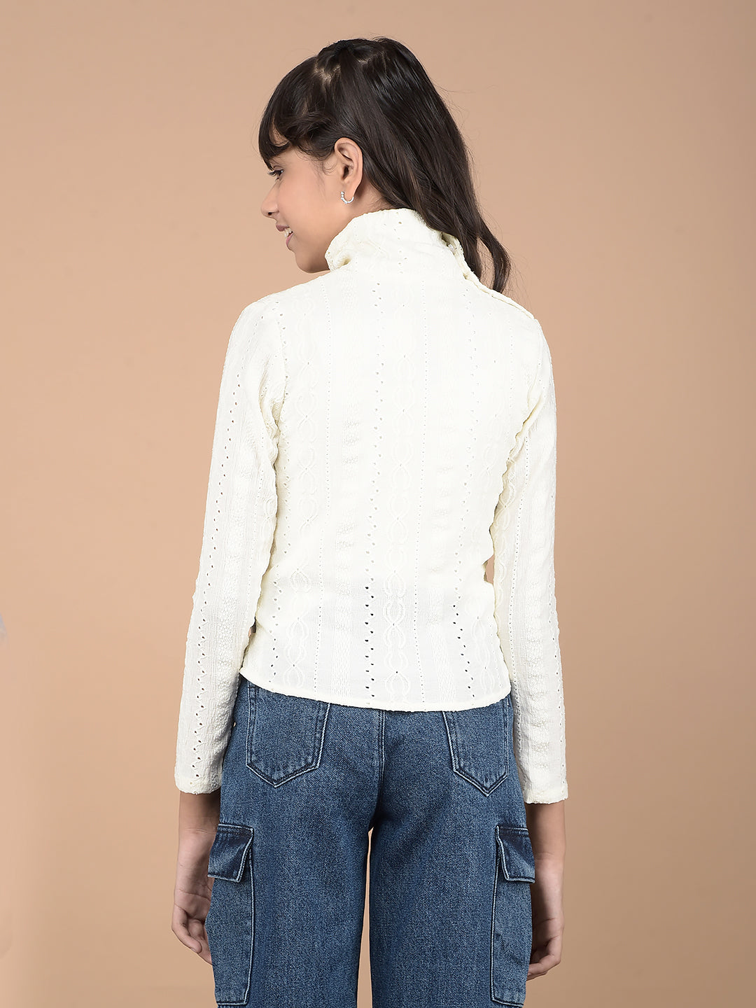 White Embroidered High Neck Top-Girls Tops-Crimsoune Club