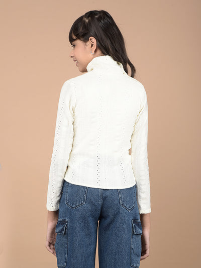 White Embroidered High Neck Top-Girls Tops-Crimsoune Club