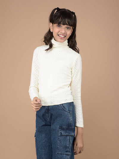 White Embroidered High Neck Top-Girls Tops-Crimsoune Club
