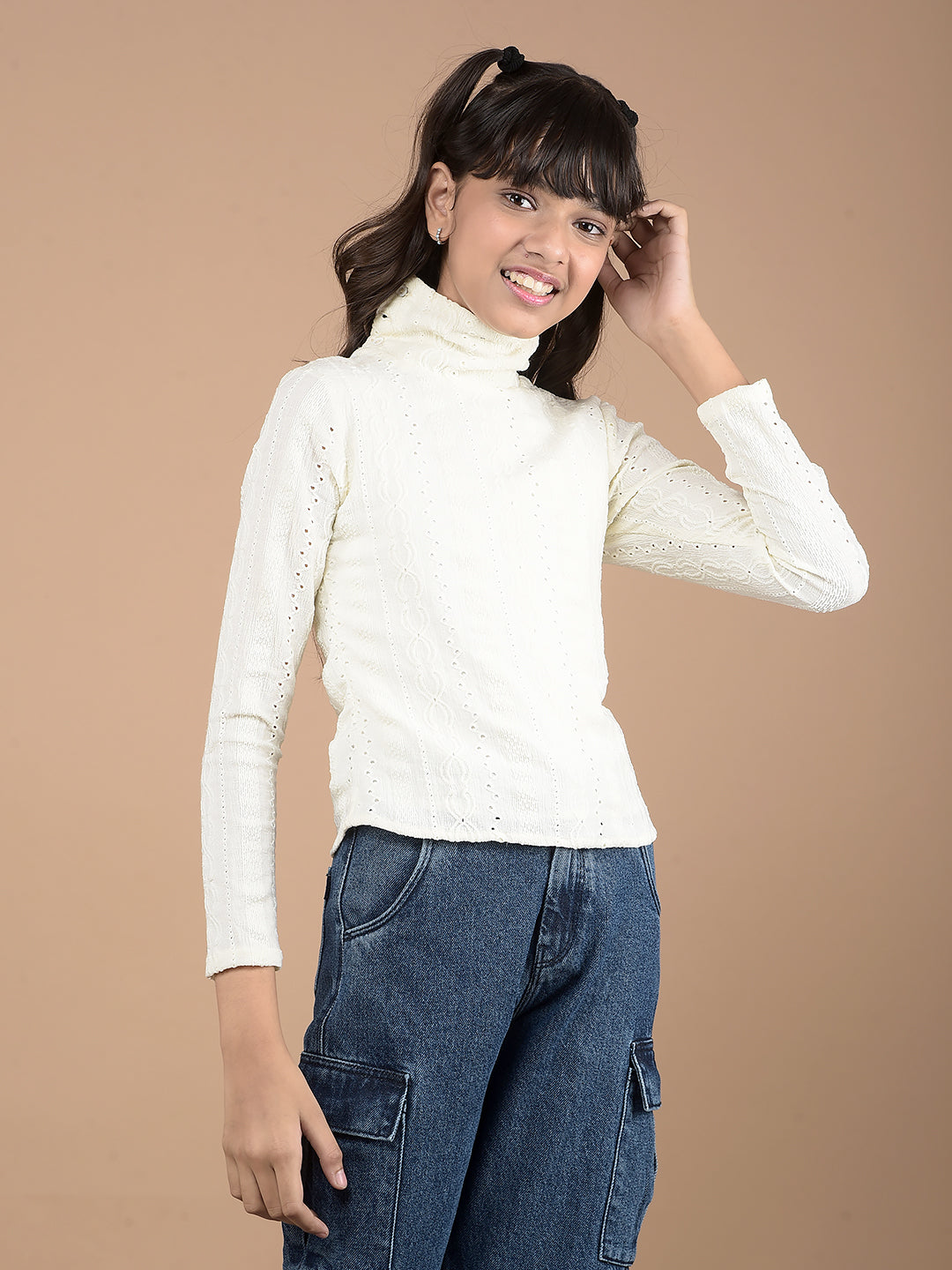 White Embroidered High Neck Top-Girls Tops-Crimsoune Club