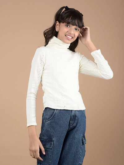 White Embroidered High Neck Top-Girls Tops-Crimsoune Club