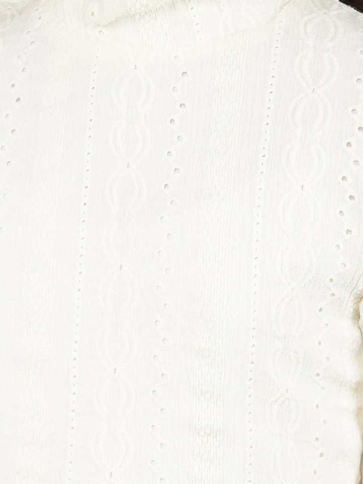 White Embroidered High Neck Top-Girls Tops-Crimsoune Club