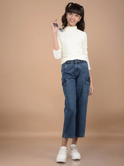 White Embroidered High Neck Top-Girls Tops-Crimsoune Club