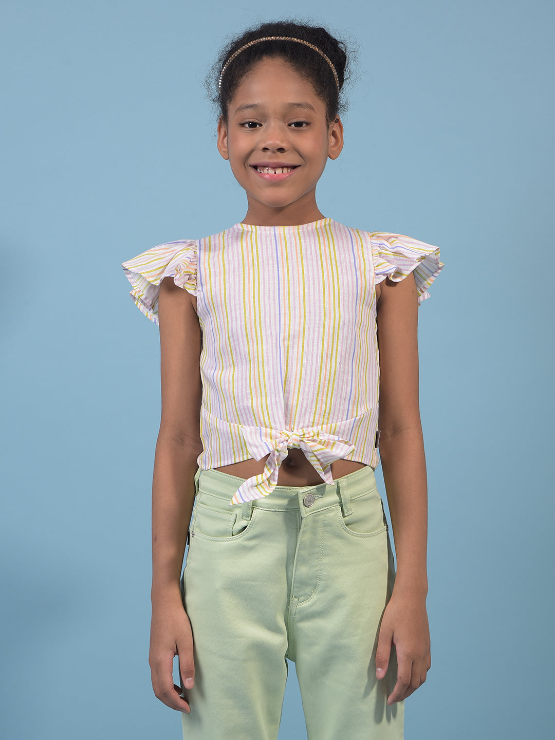 Girl's Multi-Color Vertical Stripes Sleeveless Cropped Linen Top-Girls Tops-Crimsoune Club