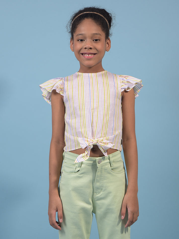 Girl's Multi-Color Vertical Stripes Sleeveless Cropped Linen Top-Girls Tops-Crimsoune Club