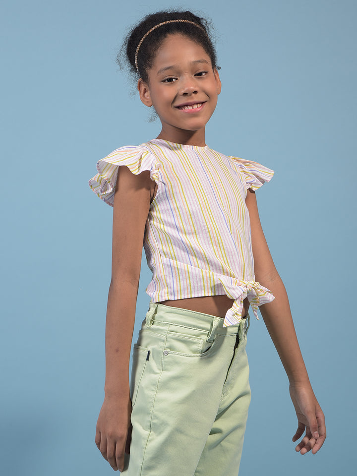 Girl's Multi-Color Vertical Stripes Sleeveless Cropped Linen Top-Girls Tops-Crimsoune Club