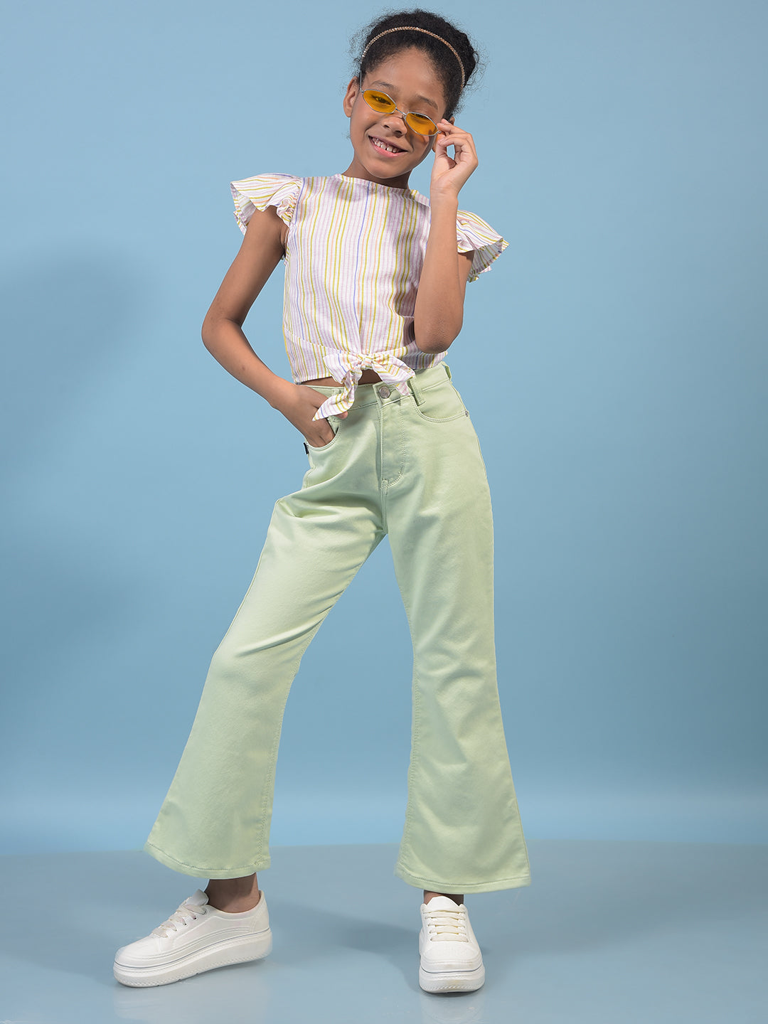 Girl's Multi-Color Vertical Stripes Sleeveless Cropped Linen Top-Girls Tops-Crimsoune Club