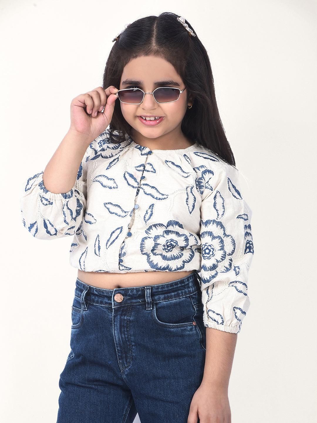 Blue Embroidered Linen Crop-Top-Girls Tops-Crimsoune Club