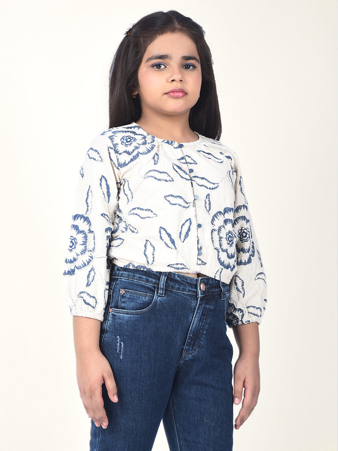 Blue Embroidered Linen Crop-Top-Girls Tops-Crimsoune Club