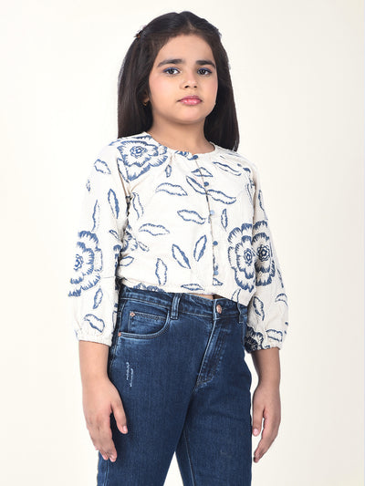 Blue Embroidered Linen Crop-Top-Girls Tops-Crimsoune Club