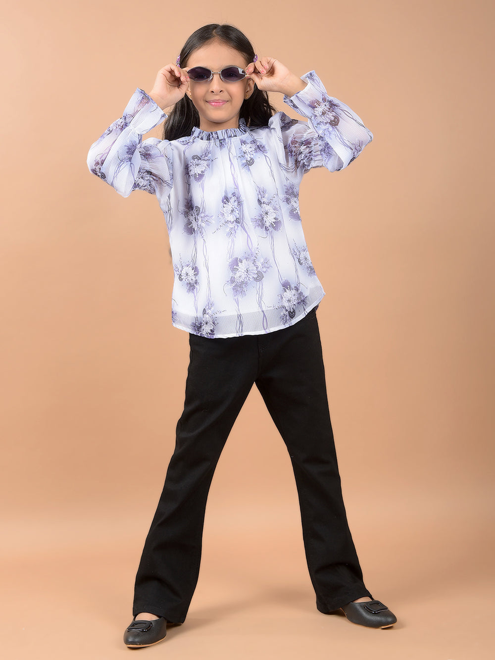 Purple Floral Print Top-Girls Tops-Crimsoune Club