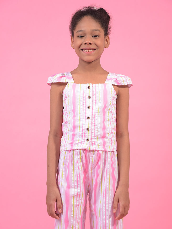 Girl's Multi-Color Vertical Stripes Square Neck Sleeveless Cropped Top-Girls Tops-Crimsoune Club