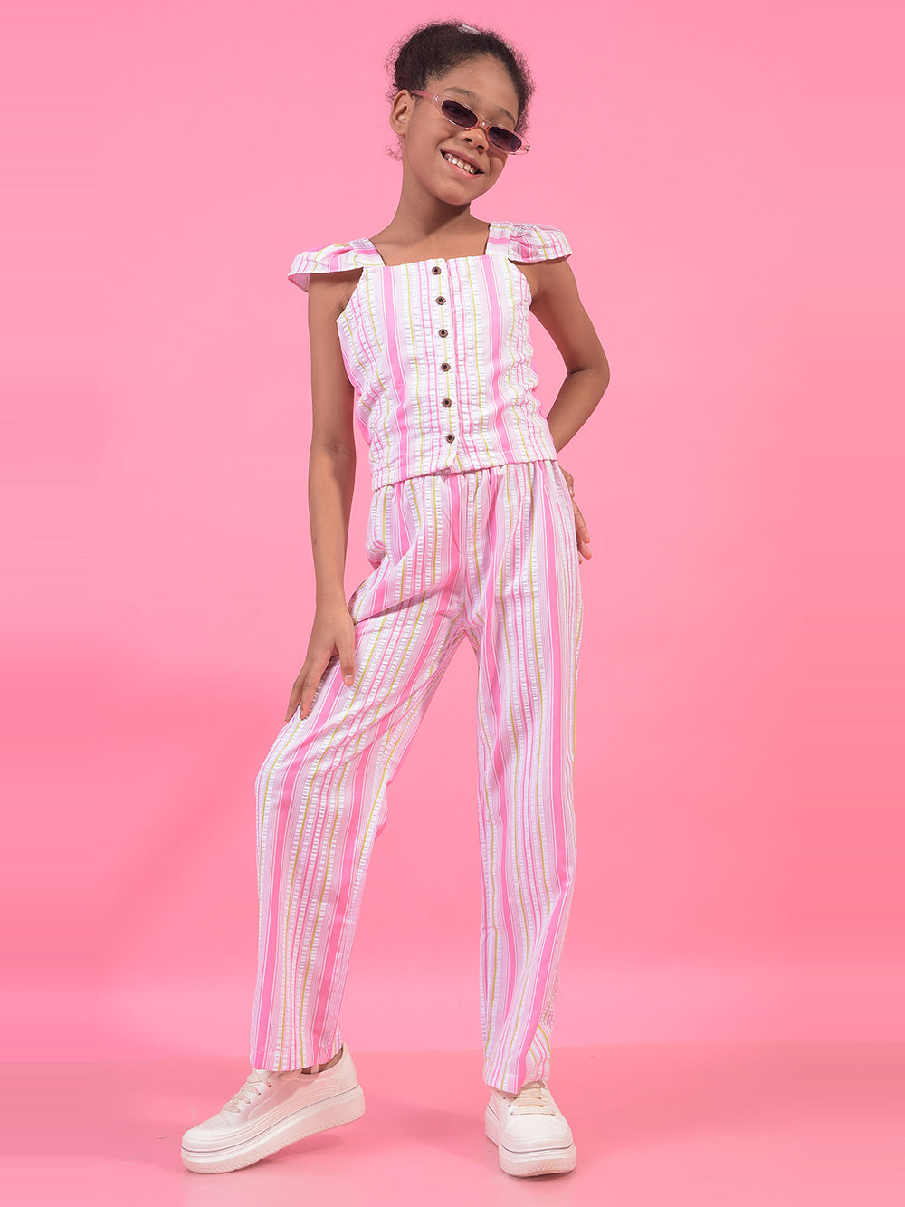 Girl's Multi-Color Vertical Stripes Square Neck Sleeveless Cropped Top-Girls Tops-Crimsoune Club