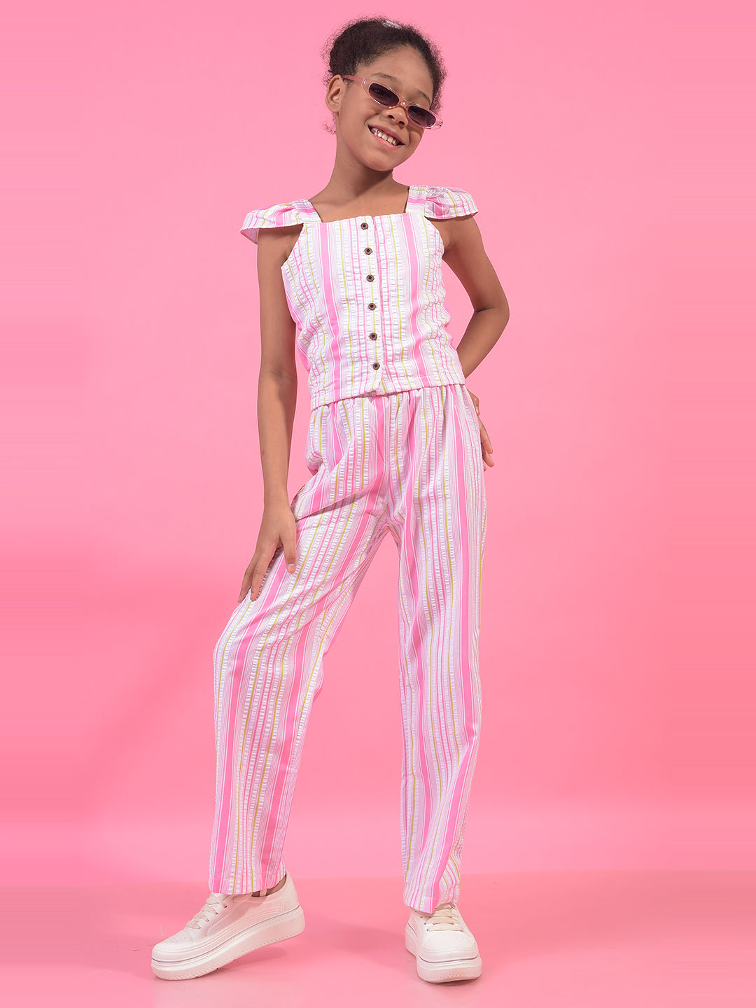 Girl's Multi-Color Vertical Stripes Square Neck Sleeveless Cropped Top-Girls Tops-Crimsoune Club