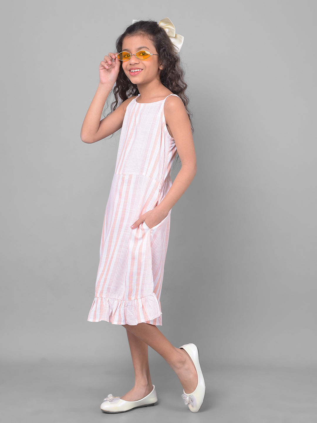 Peach Horizontal Striped Dress-Girls Dresses-Crimsoune Club