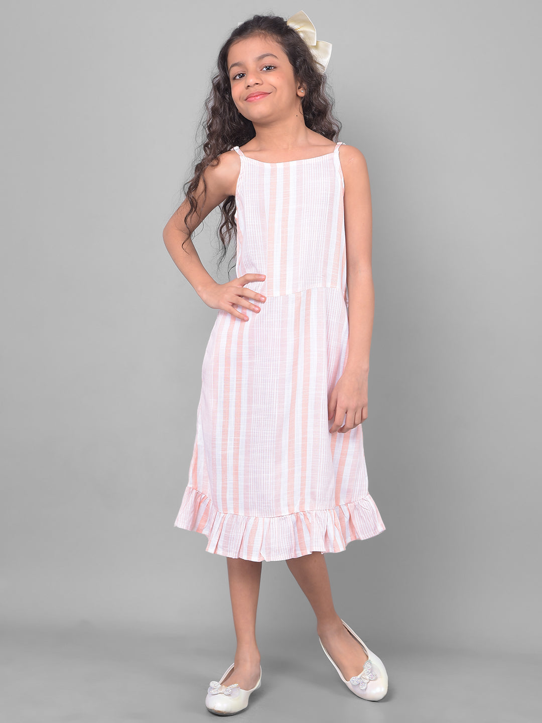 Peach Horizontal Striped Dress-Girls Dresses-Crimsoune Club