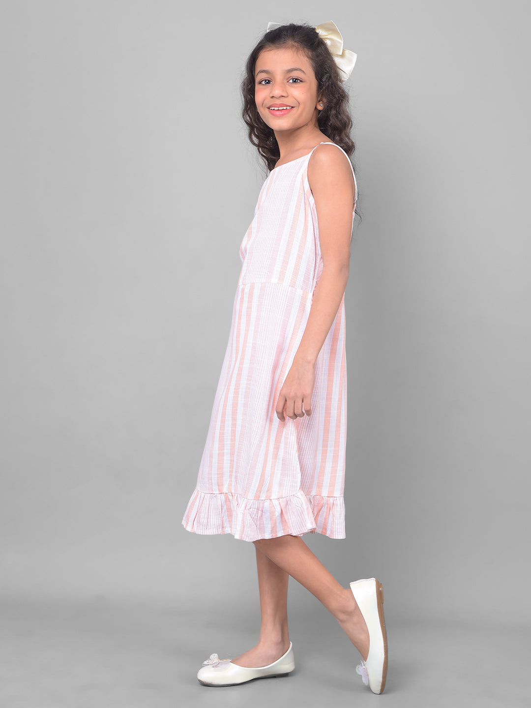Peach Horizontal Striped Dress-Girls Dresses-Crimsoune Club