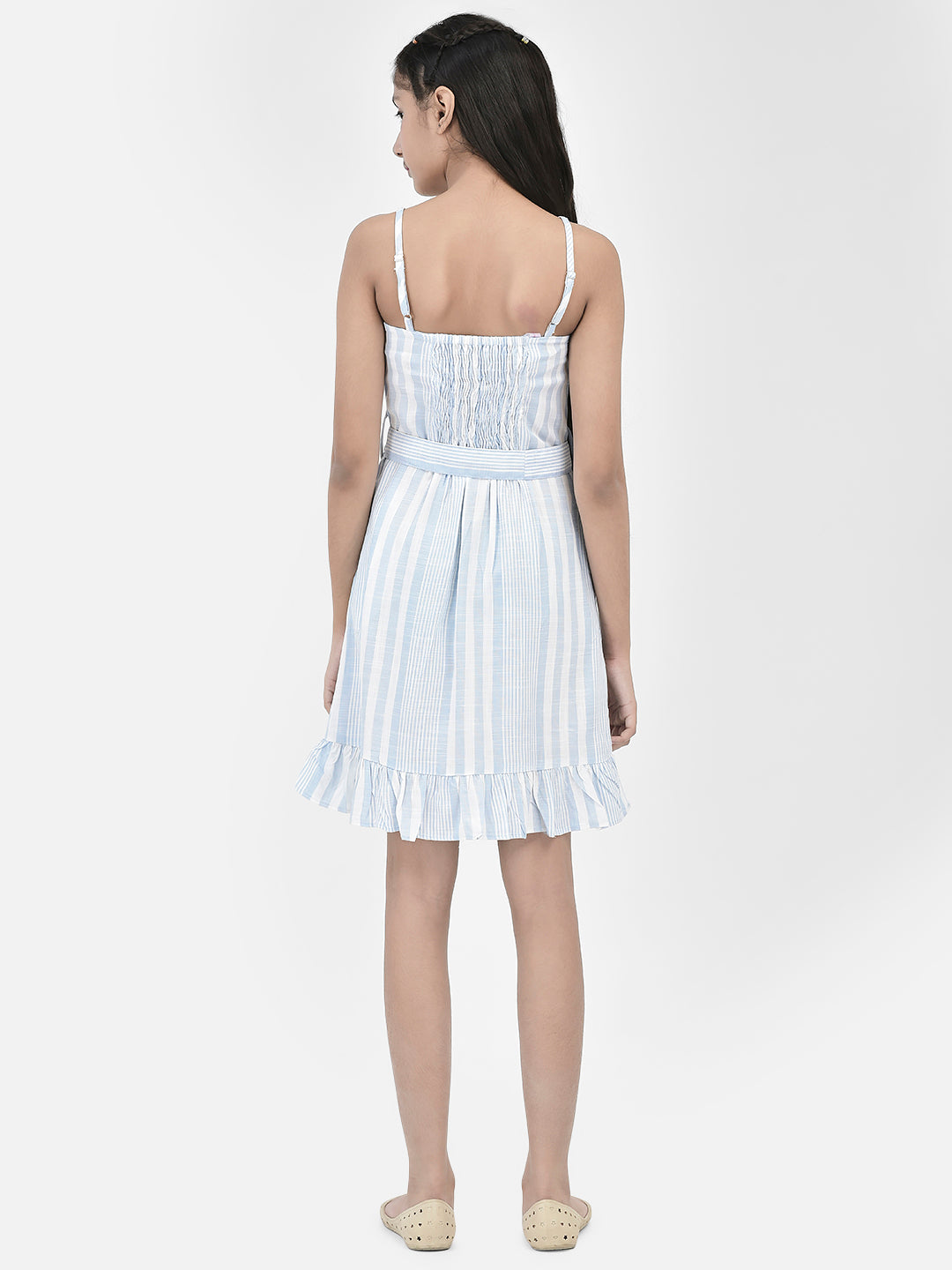 Blue Fit and Flare Dress With Belt-Girls Dress-Crimsoune Club