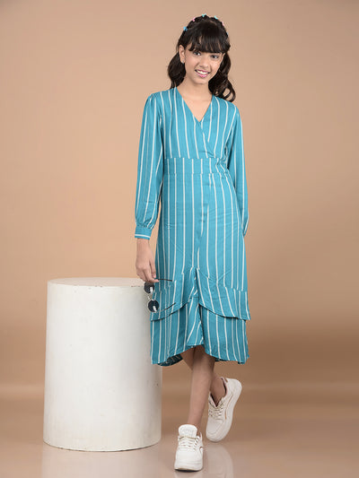 Green Vertical Stripes V-Neck A-Line Dress-Girls Dresses-Crimsoune Club