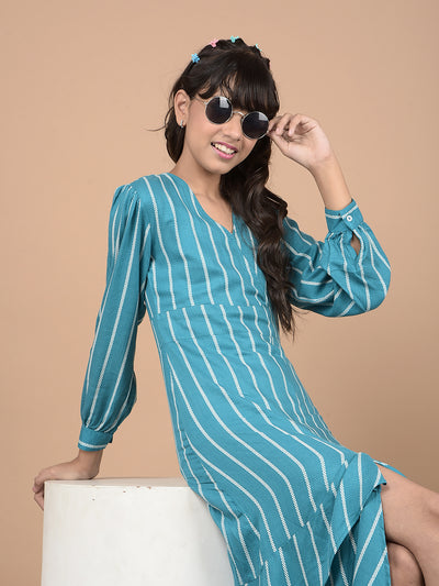Green Vertical Stripes V-Neck A-Line Dress-Girls Dresses-Crimsoune Club