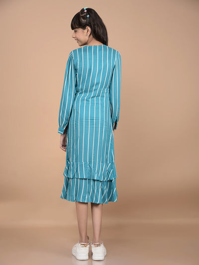 Green Vertical Stripes V-Neck A-Line Dress-Girls Dresses-Crimsoune Club