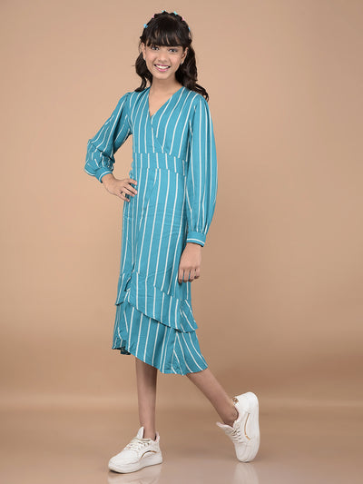 Green Vertical Stripes V-Neck A-Line Dress-Girls Dresses-Crimsoune Club