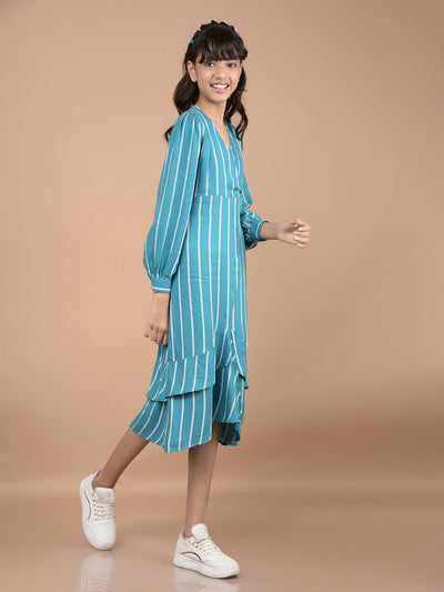 Green Vertical Stripes V-Neck A-Line Dress-Girls Dresses-Crimsoune Club