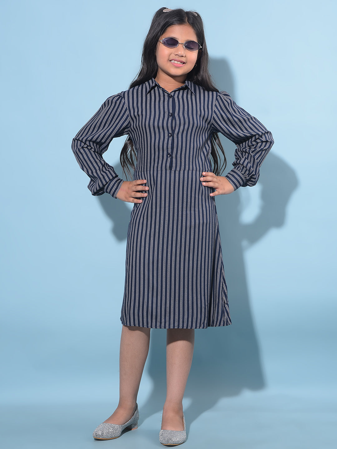 Navy Blue Vertical Striped 100% Lyocell A-Line Dress-Girls Dresses-Crimsoune Club