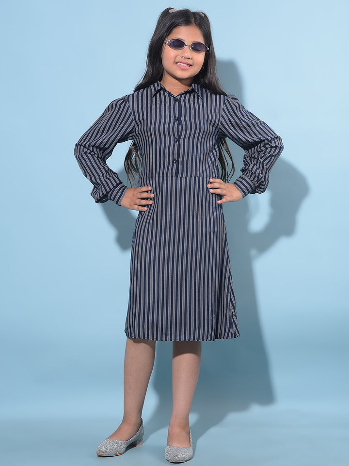 Navy Blue Vertical Striped 100% Lyocell A-Line Dress-Girls Dresses-Crimsoune Club