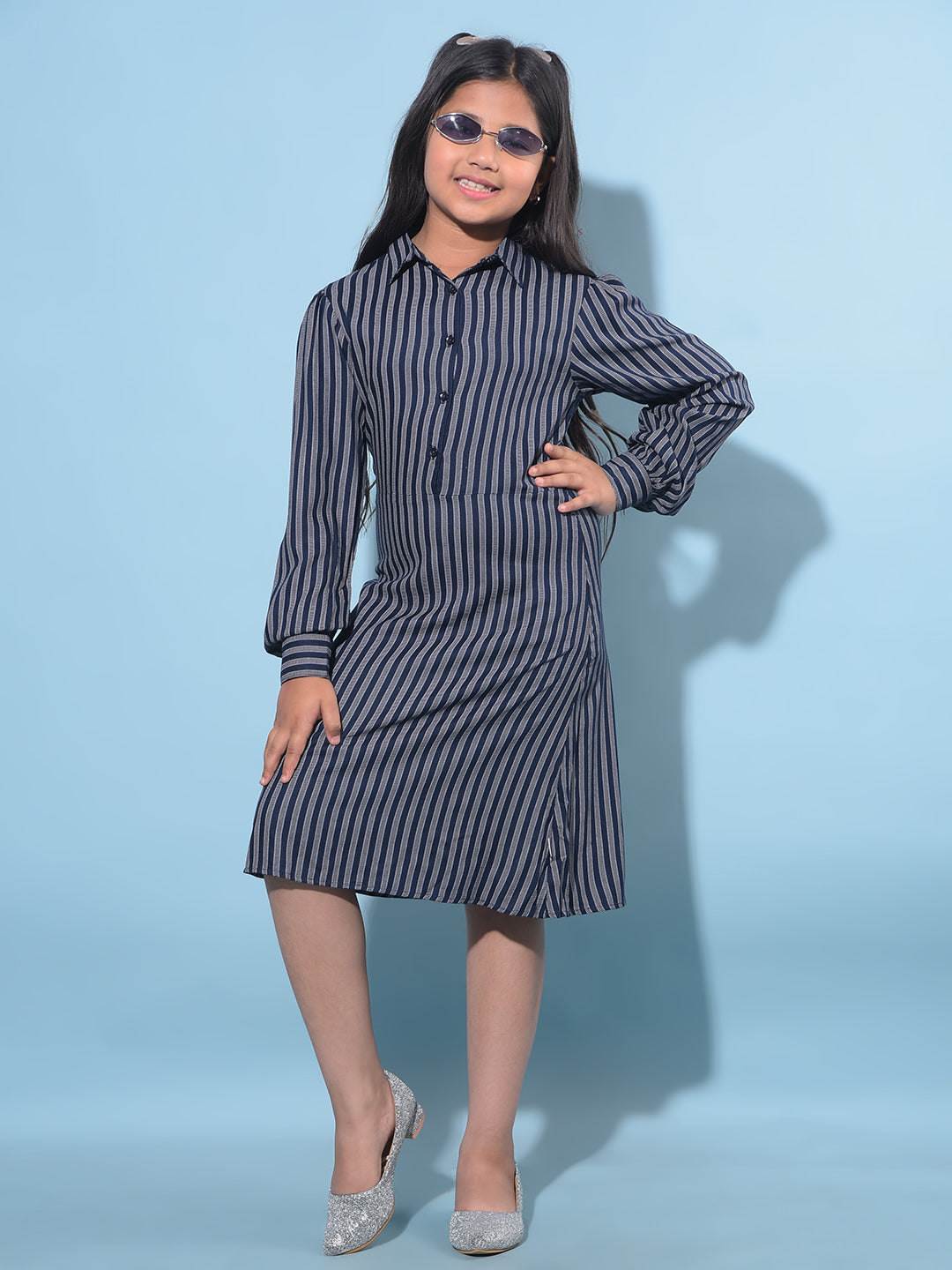 Navy Blue Vertical Striped 100% Lyocell A-Line Dress-Girls Dresses-Crimsoune Club