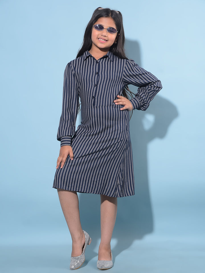 Navy Blue Vertical Striped 100% Lyocell A-Line Dress-Girls Dresses-Crimsoune Club