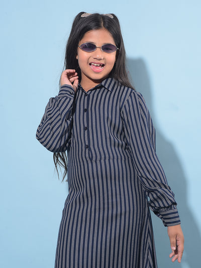 Navy Blue Vertical Striped 100% Lyocell A-Line Dress-Girls Dresses-Crimsoune Club