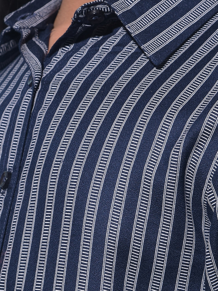 Navy Blue Vertical Striped 100% Lyocell A-Line Dress-Girls Dresses-Crimsoune Club