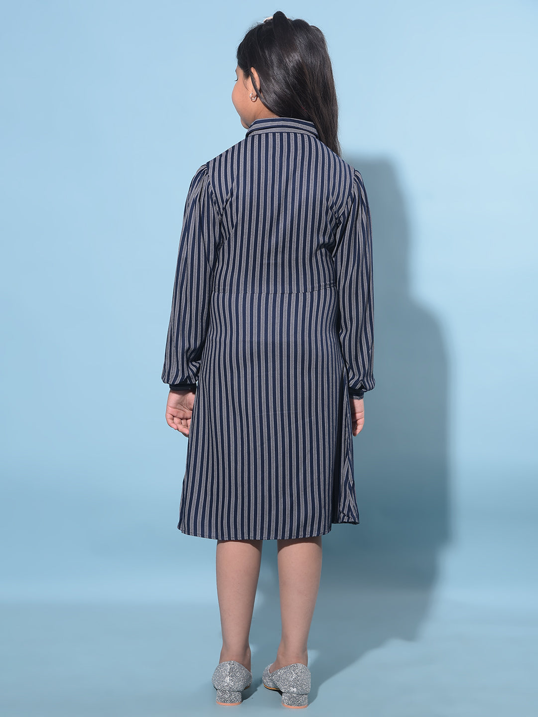 Navy Blue Vertical Striped 100% Lyocell A-Line Dress-Girls Dresses-Crimsoune Club