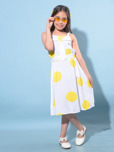 Yellow With Belt A-Line Printed Dress-Girls Dresses-Crimsoune Club