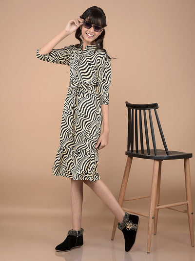 Beige Abstract Print Midi Shirt-Dress-Girls Dresses-Crimsoune Club