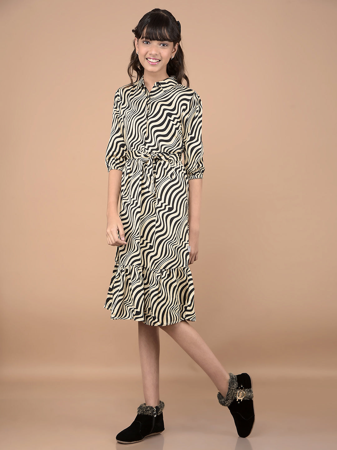 Beige Abstract Print Midi Shirt-Dress-Girls Dresses-Crimsoune Club