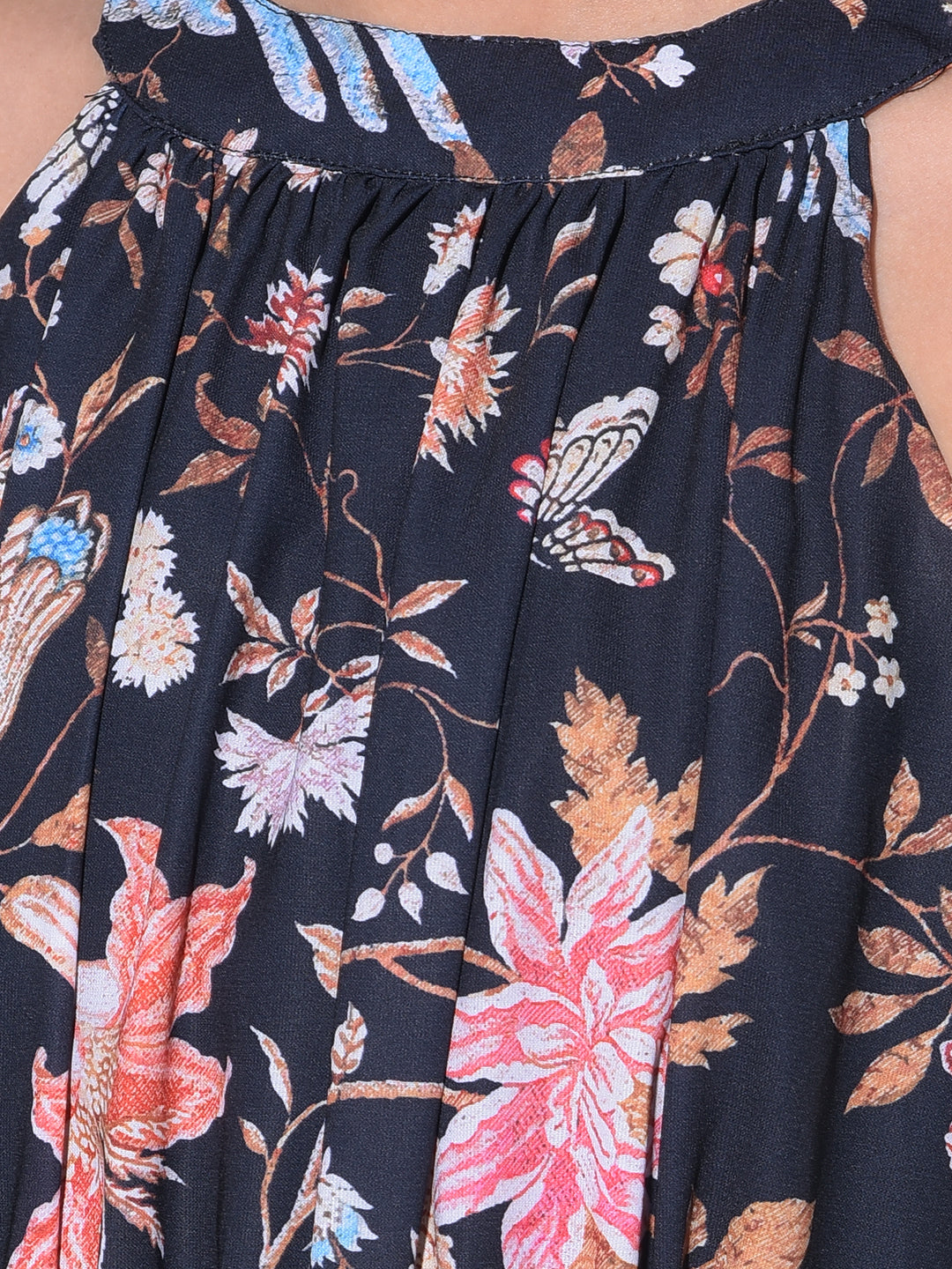 Black Floral Print A-Line Dress-Girls Dresses-Crimsoune Club