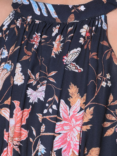 Black Floral Print A-Line Dress-Girls Dresses-Crimsoune Club