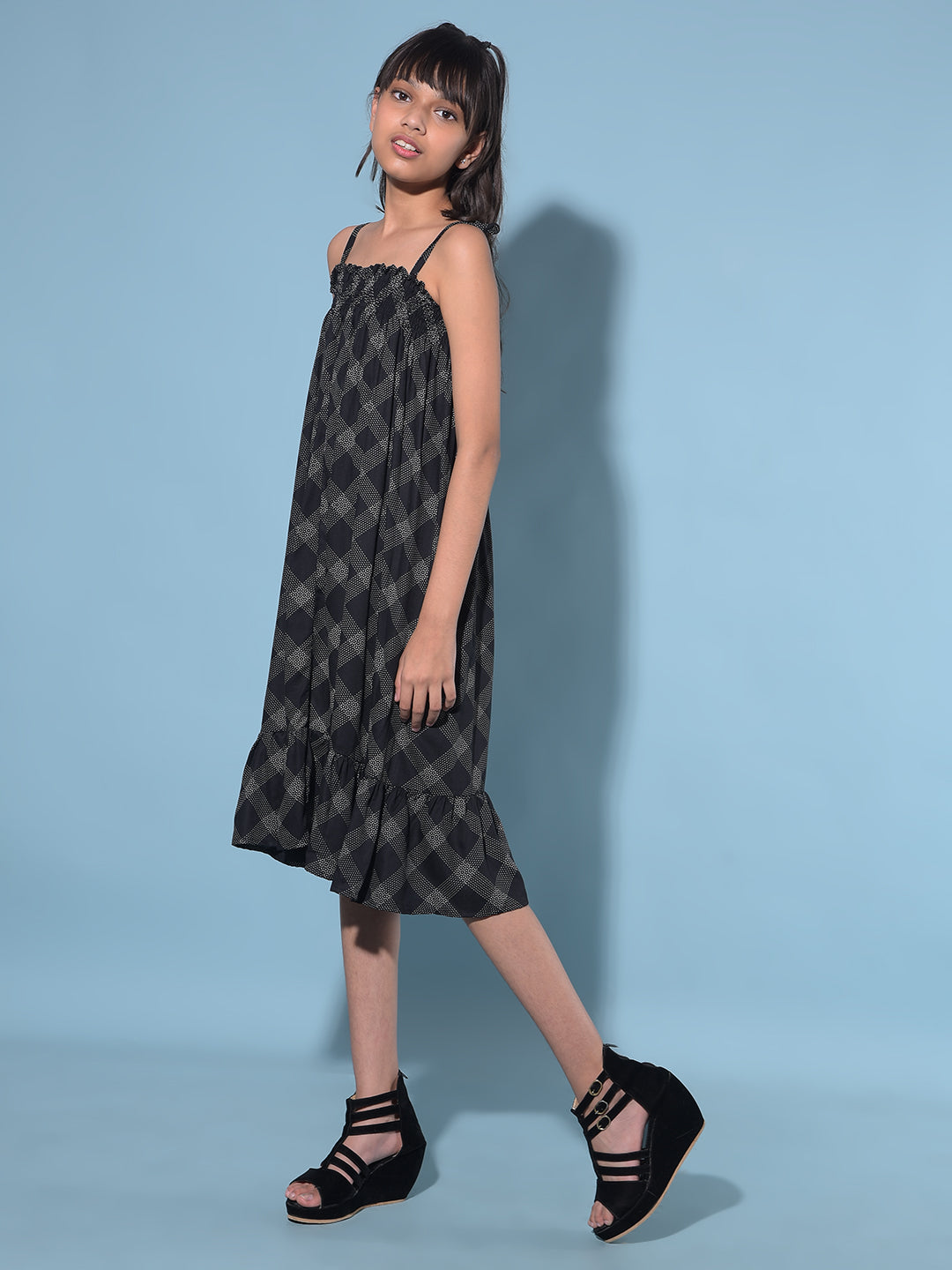Black Printed A-Line Dress-Girls Dresses-Crimsoune Club