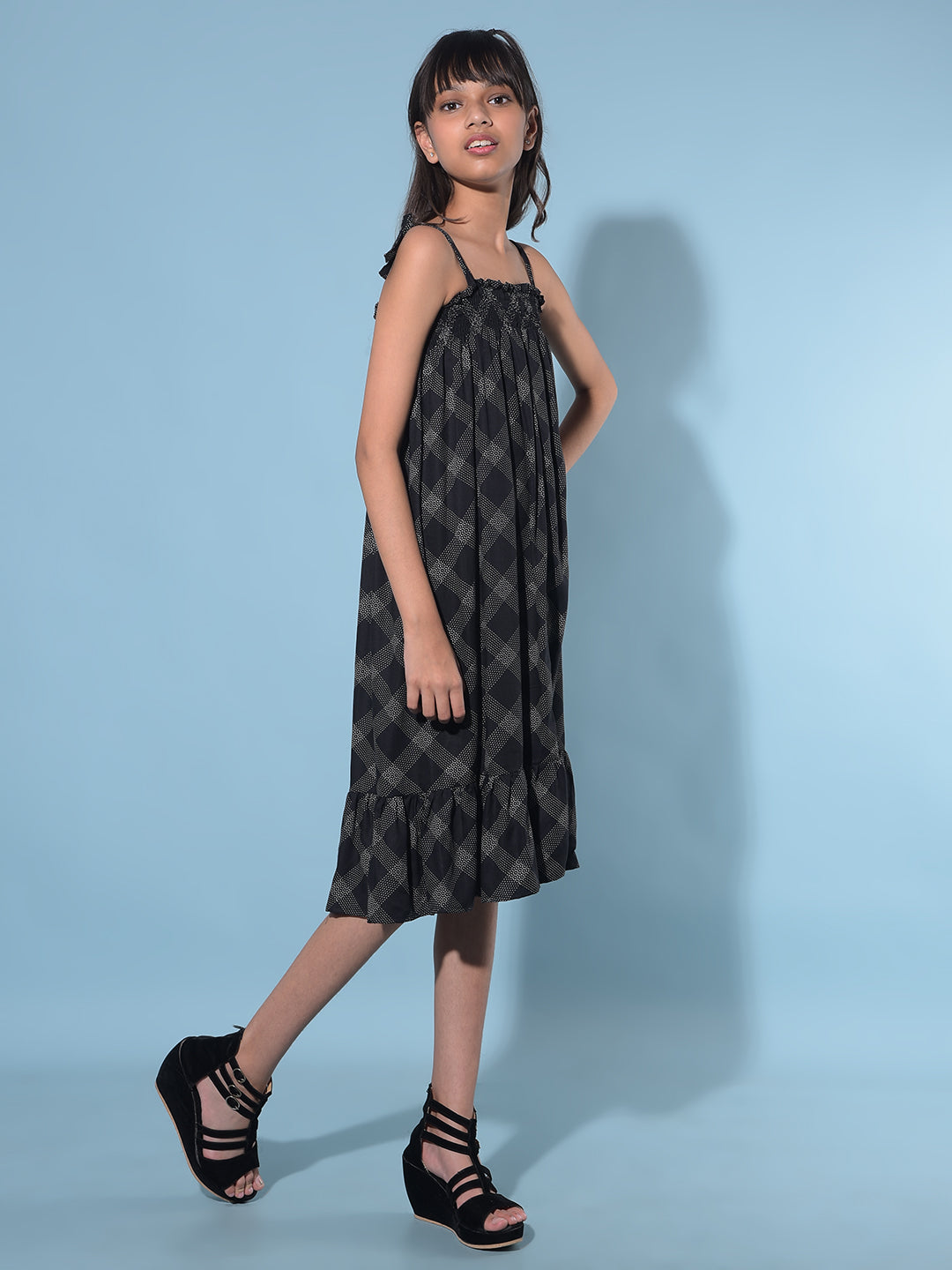 Black Printed A-Line Dress-Girls Dresses-Crimsoune Club