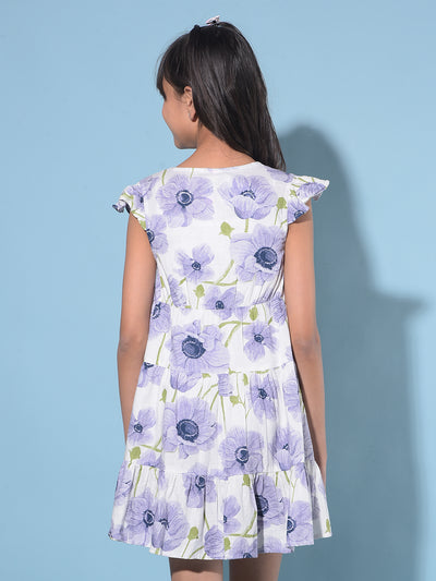 Purple Floral Print Linen A-Line Dress-Girls Dresses-Crimsoune Club