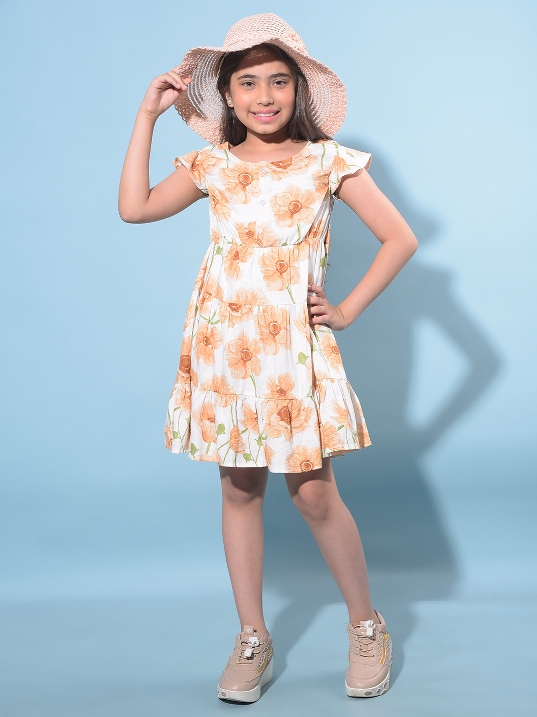 Peach Floral Printed Linen A-Line Dress-Girls Dresses-Crimsoune Club