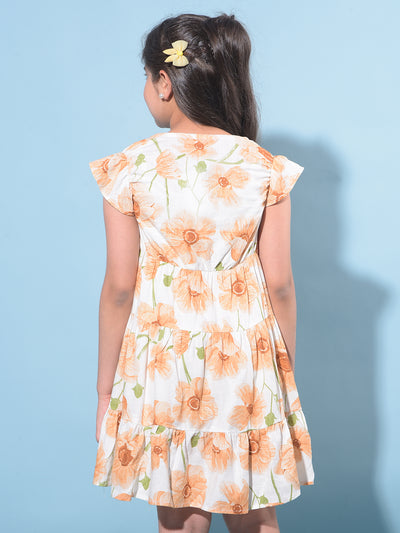 Peach Floral Printed Linen A-Line Dress-Girls Dresses-Crimsoune Club