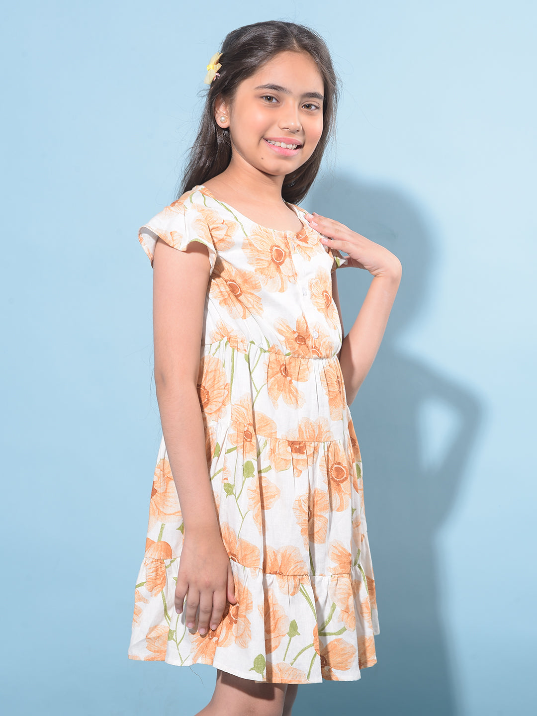 Peach Floral Printed Linen A-Line Dress-Girls Dresses-Crimsoune Club