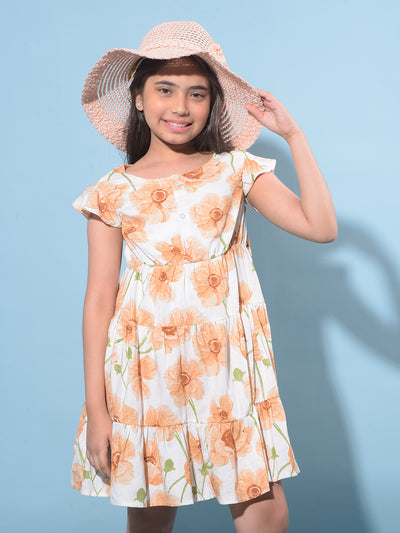 Peach Floral Printed Linen A-Line Dress-Girls Dresses-Crimsoune Club